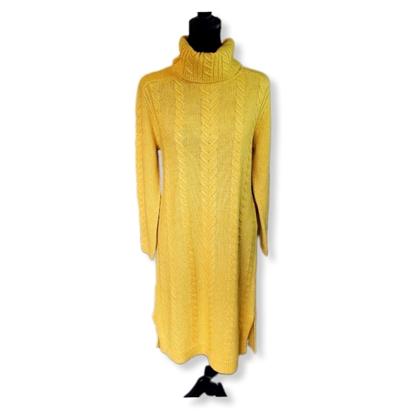NWT Ann Taylor Sunflower Yellow Cable Knit Turtleneck Sweater Dress Sz MP - Picture 1 of 15